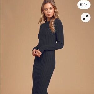 Lulu's Elegant Black Ribbed Long Sleeve Dress- NEW W/ TAGS